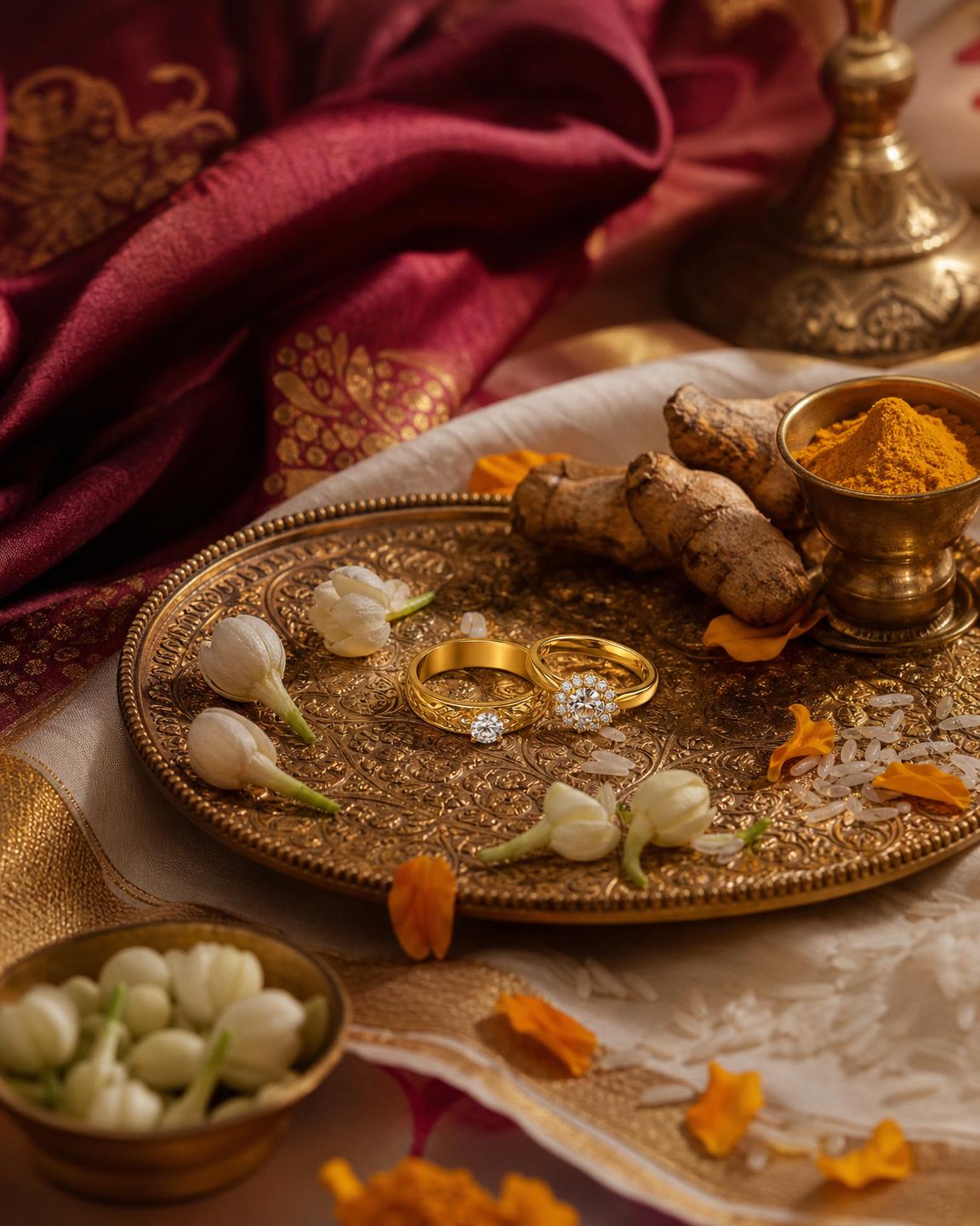 Two gold engagement rings on an ornate brass plate with jasmine buds, marigold petals and turmeric on maroon silk